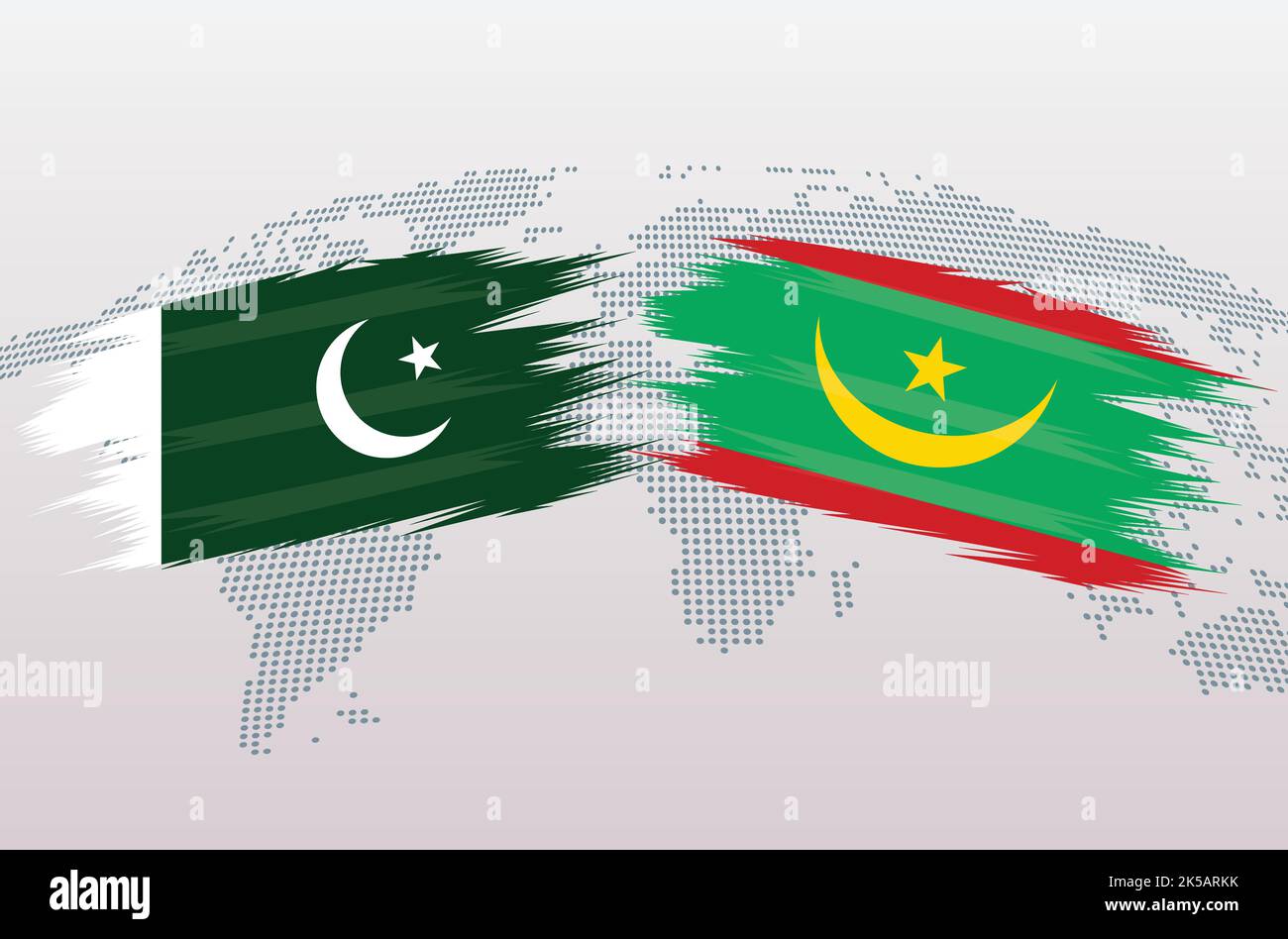 Bandiere Pakistan vs Mauritania. Bandiere della Repubblica islamica del Pakistan contro Mauritania, isolate su sfondo grigio della mappa mondiale. Illustrazione vettoriale. Illustrazione Vettoriale
