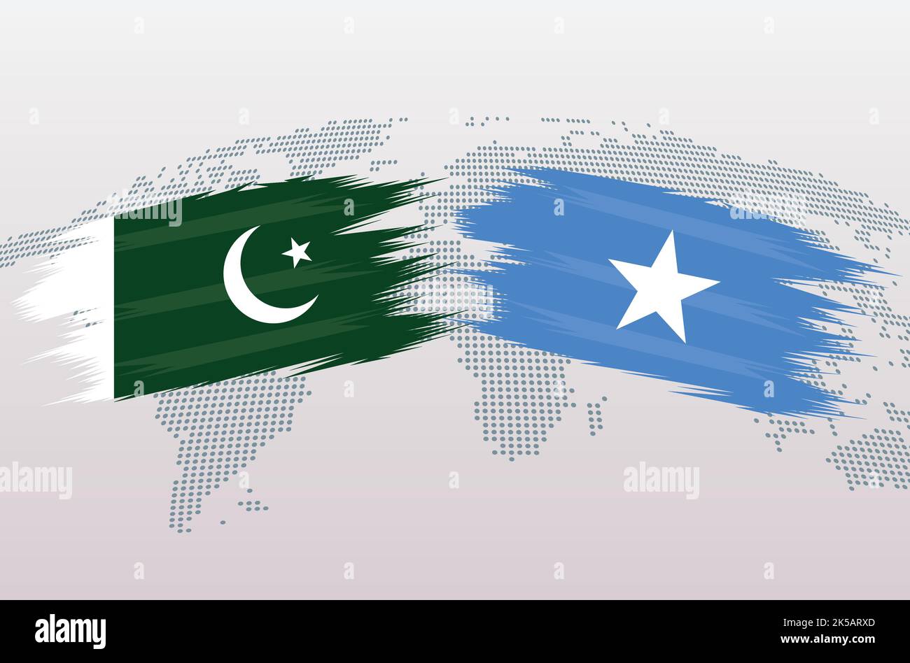 Bandiere Pakistan vs Somalia. Bandiera della Repubblica Islamica del Pakistan vs bandiera somala, isolata su sfondo grigio della mappa del mondo. Illustrazione vettoriale. Illustrazione Vettoriale