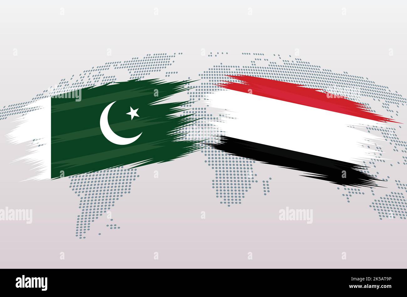 Bandiere Pakistan vs Yemen. Bandiere della Repubblica islamica del Pakistan contro Yemen, isolate su sfondo grigio della mappa del mondo. Illustrazione vettoriale. Illustrazione Vettoriale