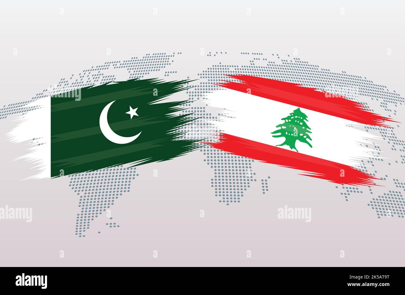 Bandiere Pakistan vs Libano. Bandiere della Repubblica islamica del Pakistan contro il Libano, isolate su sfondo grigio della mappa del mondo. Illustrazione vettoriale. Illustrazione Vettoriale