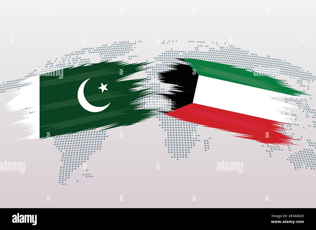 Bandiere Pakistan vs Kuwait. Bandiera della Repubblica Islamica del Pakistan contro bandiera del Kuwait, isolata su sfondo grigio della mappa del mondo. Illustrazione vettoriale. Illustrazione Vettoriale
