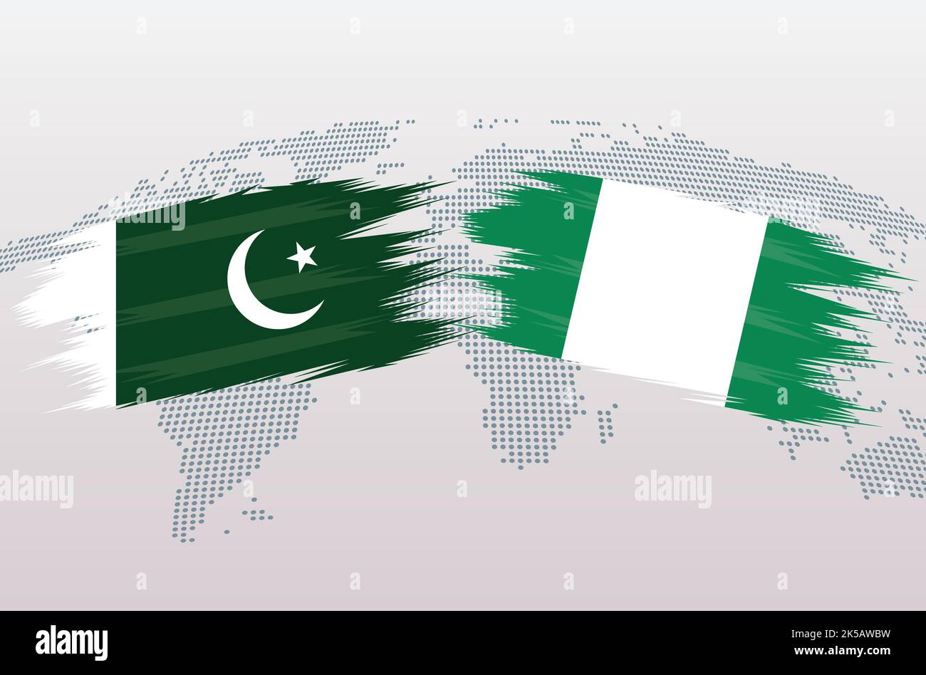 Bandiere Pakistan vs Nigeria. Repubblica islamica del Pakistan vs bandiere nigeriane, isolate su sfondo grigio della mappa del mondo. Illustrazione vettoriale. Illustrazione Vettoriale
