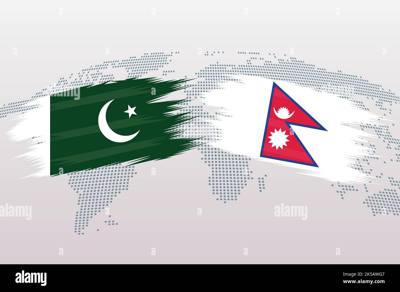 Bandiere Pakistan vs Nepal. Bandiere della Repubblica islamica del Pakistan contro Nepal, isolate su sfondo grigio della mappa del mondo. Illustrazione vettoriale. Illustrazione Vettoriale