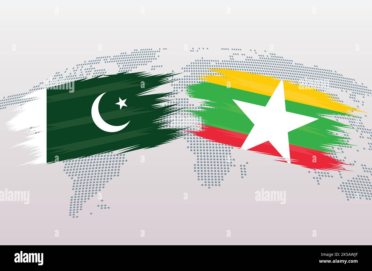 Pakistan vs Myanmar bandiere di Birmania. Repubblica islamica del Pakistan vs Myanmar bandiere di Birmania, isolate su sfondo grigio della mappa del mondo. Illustrazione vettoriale. Illustrazione Vettoriale