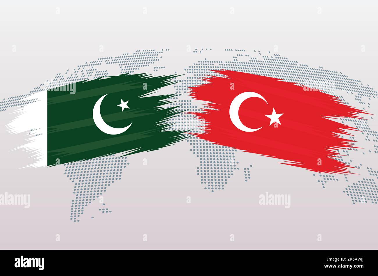 Bandiera del Pakistan vs bandiera del Turkiye. Bandiere della Repubblica islamica del Pakistan contro Turchia, isolate su sfondo grigio della mappa del mondo. Illustrazione vettoriale. Illustrazione Vettoriale