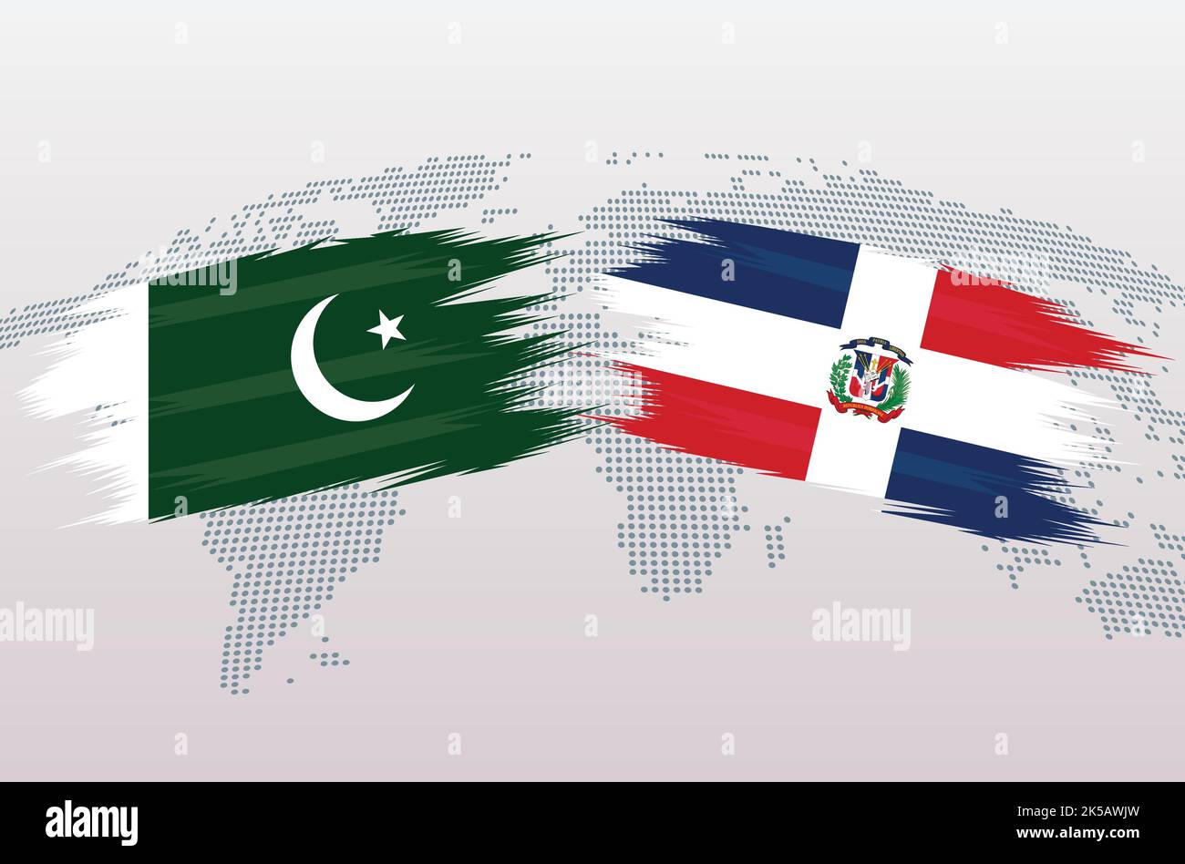 Bandiere del Pakistan vs Repubblica Dominicana. Repubblica islamica del Pakistan vs bandiere dominicane, isolate su sfondo grigio della mappa del mondo. Illustrazione vettoriale. Illustrazione Vettoriale
