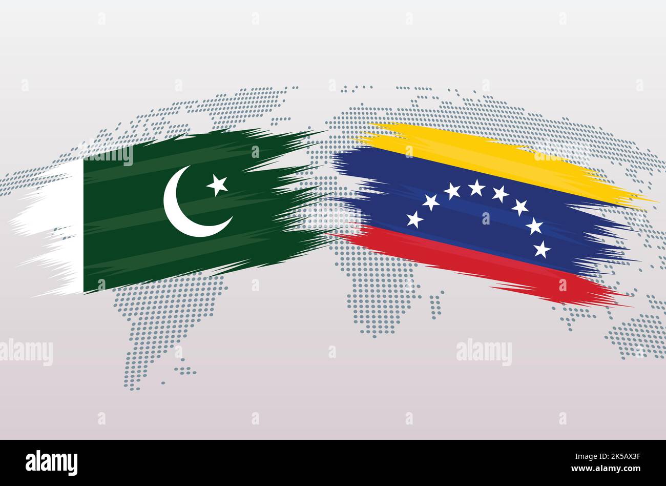 Bandiere Pakistan vs Venezuela. Bandiera della Repubblica Islamica del Pakistan contro Venezuela, isolata su sfondo grigio della mappa del mondo. Illustrazione vettoriale. Illustrazione Vettoriale