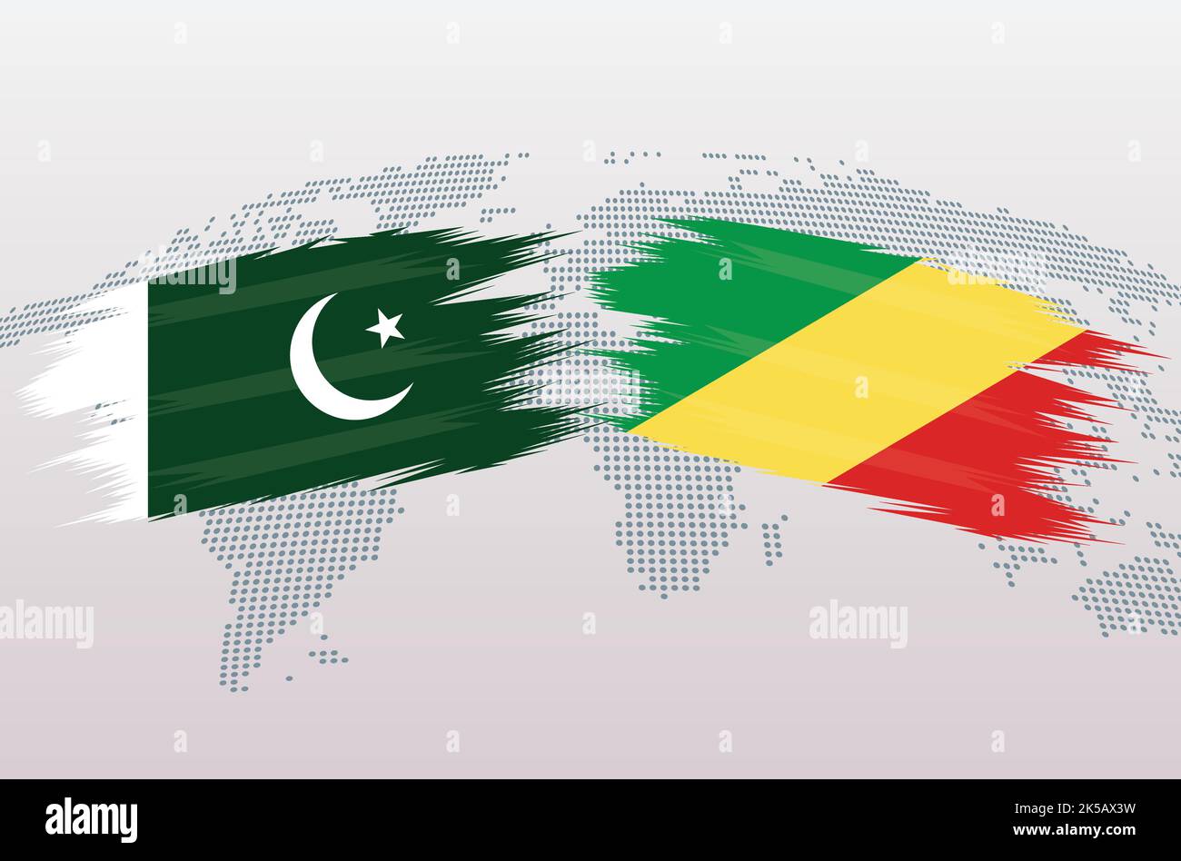 Bandiere Pakistan vs Repubblica del Congo. Bandiere della Repubblica islamica del Pakistan contro Congo, isolate su sfondo grigio della mappa del mondo. Illustrazione vettoriale. Illustrazione Vettoriale