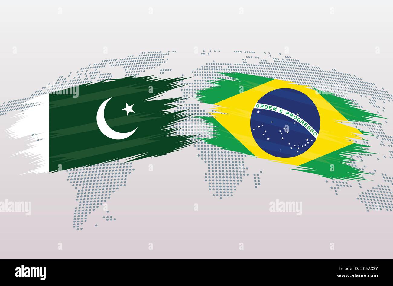 Bandiere Pakistan vs Brasile. Bandiere della Repubblica islamica del Pakistan vs Brasile, isolate su sfondo grigio della mappa del mondo. Illustrazione vettoriale. Illustrazione Vettoriale