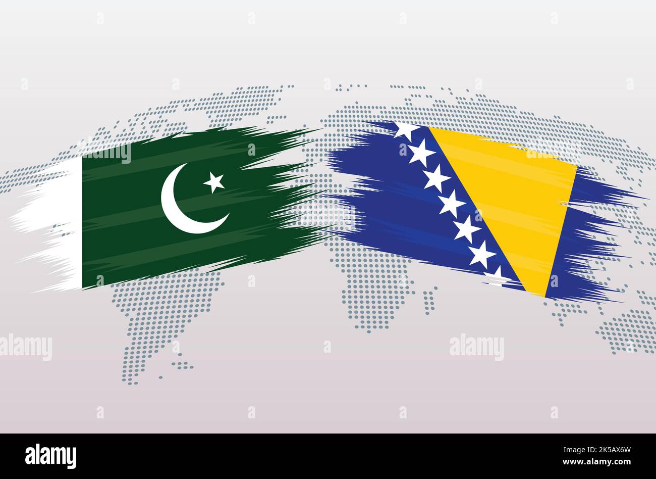 Bandiere Pakistan vs Bosnia. Bandiera della Repubblica islamica del Pakistan e bandiera della Bosnia, isolata su sfondo grigio della mappa del mondo. Illustrazione vettoriale. Illustrazione Vettoriale