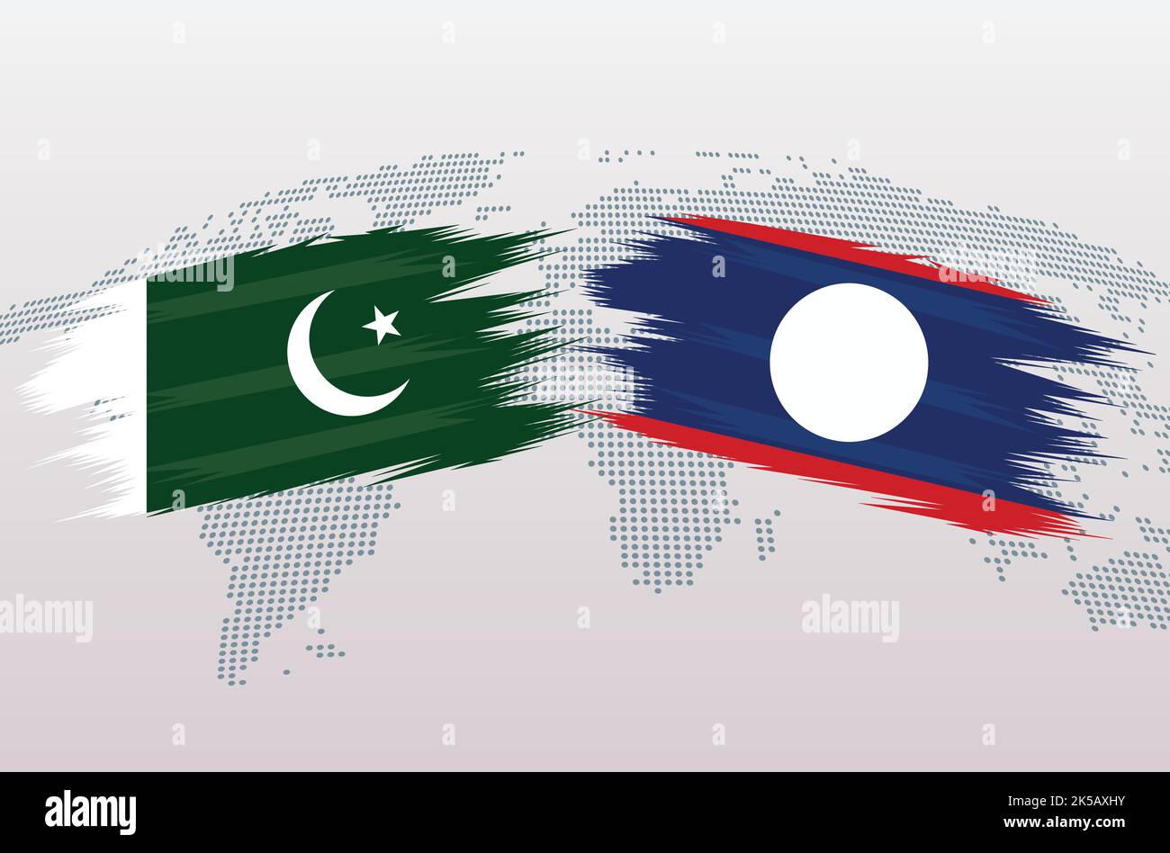 Bandiere del Pakistan vs. DEL LAOS. Bandiera della Repubblica islamica del Pakistan vs. BANDIERA DEL LAOS, isolata su sfondo grigio della mappa del mondo. Illustrazione vettoriale. Illustrazione Vettoriale