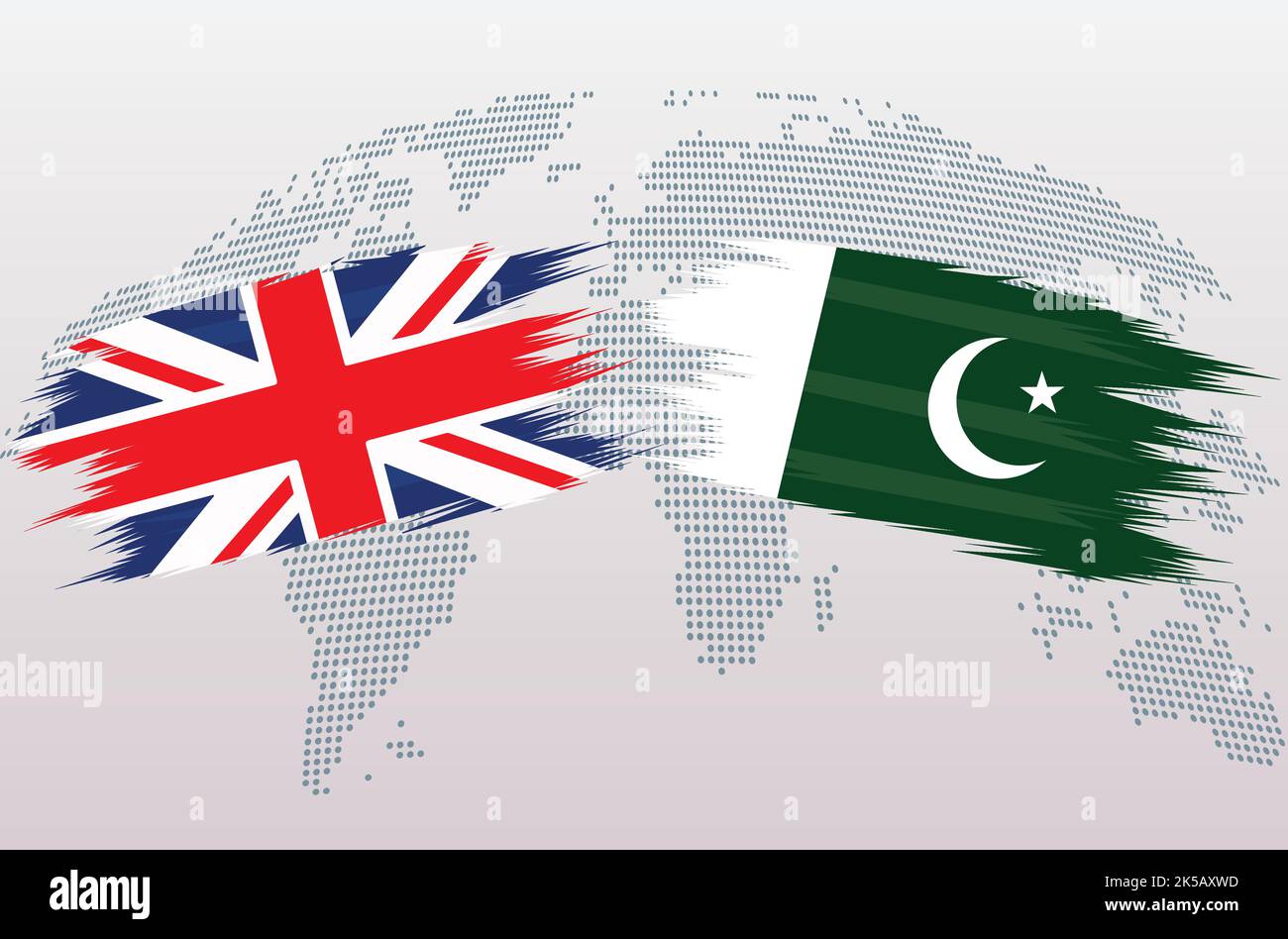 Bandiere del Pakistan vs Regno Unito. Bandiera britannica della Repubblica Islamica del Pakistan, isolata su sfondo grigio della mappa del mondo. Illustrazione vettoriale. Illustrazione Vettoriale