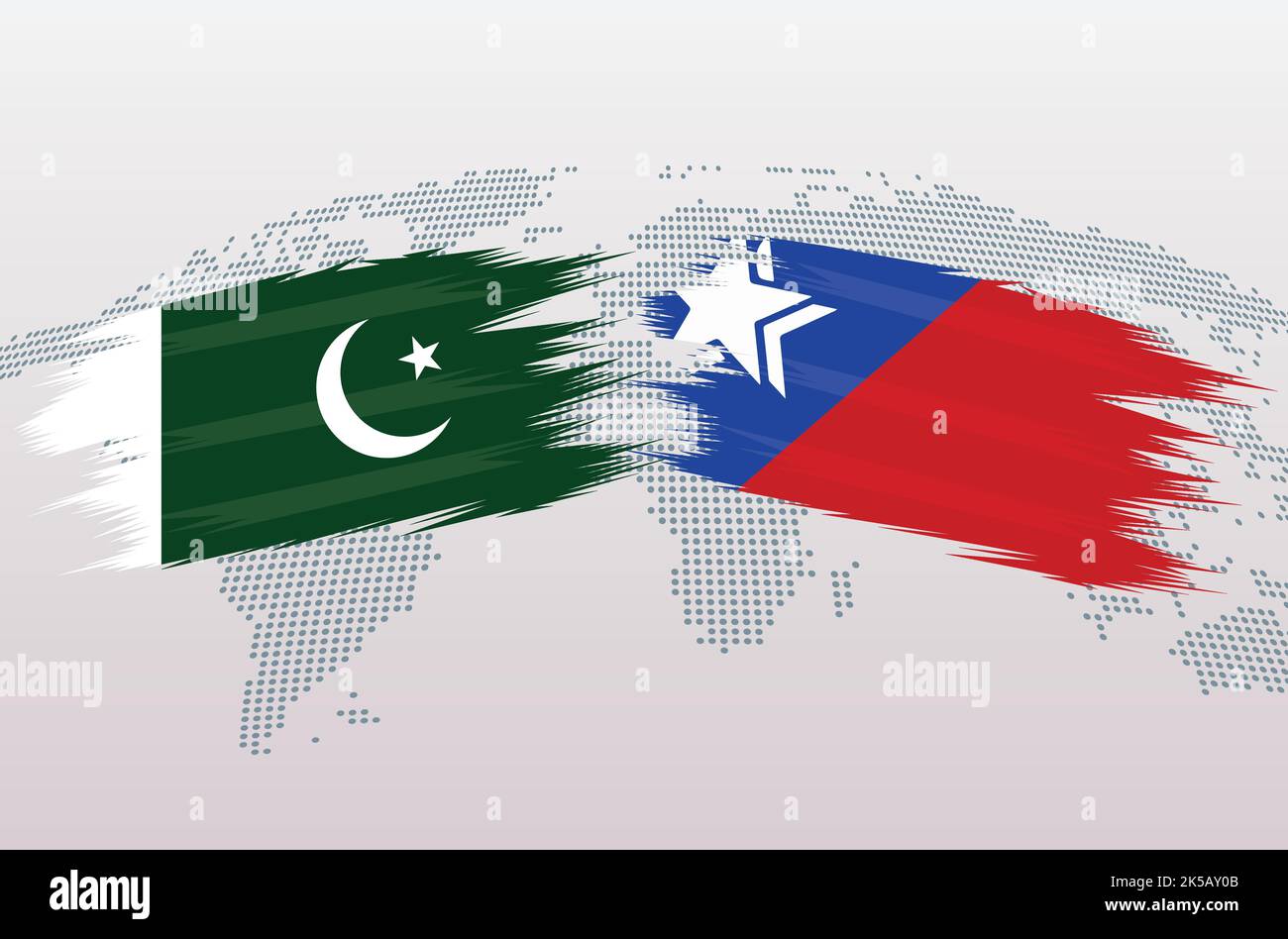 Pakistan vs bandiere democratiche. Repubblica islamica del Pakistan contro bandiere democratiche, isolate su sfondo grigio della mappa del mondo. Illustrazione vettoriale. Illustrazione Vettoriale