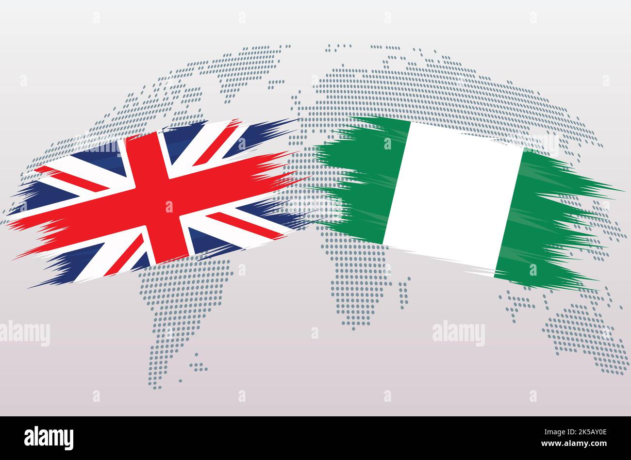 Bandiere britanniche e nigeriane. Bandiere Regno Unito vs Nigeria, isolate su sfondo grigio della mappa mondiale. Illustrazione vettoriale. Illustrazione Vettoriale