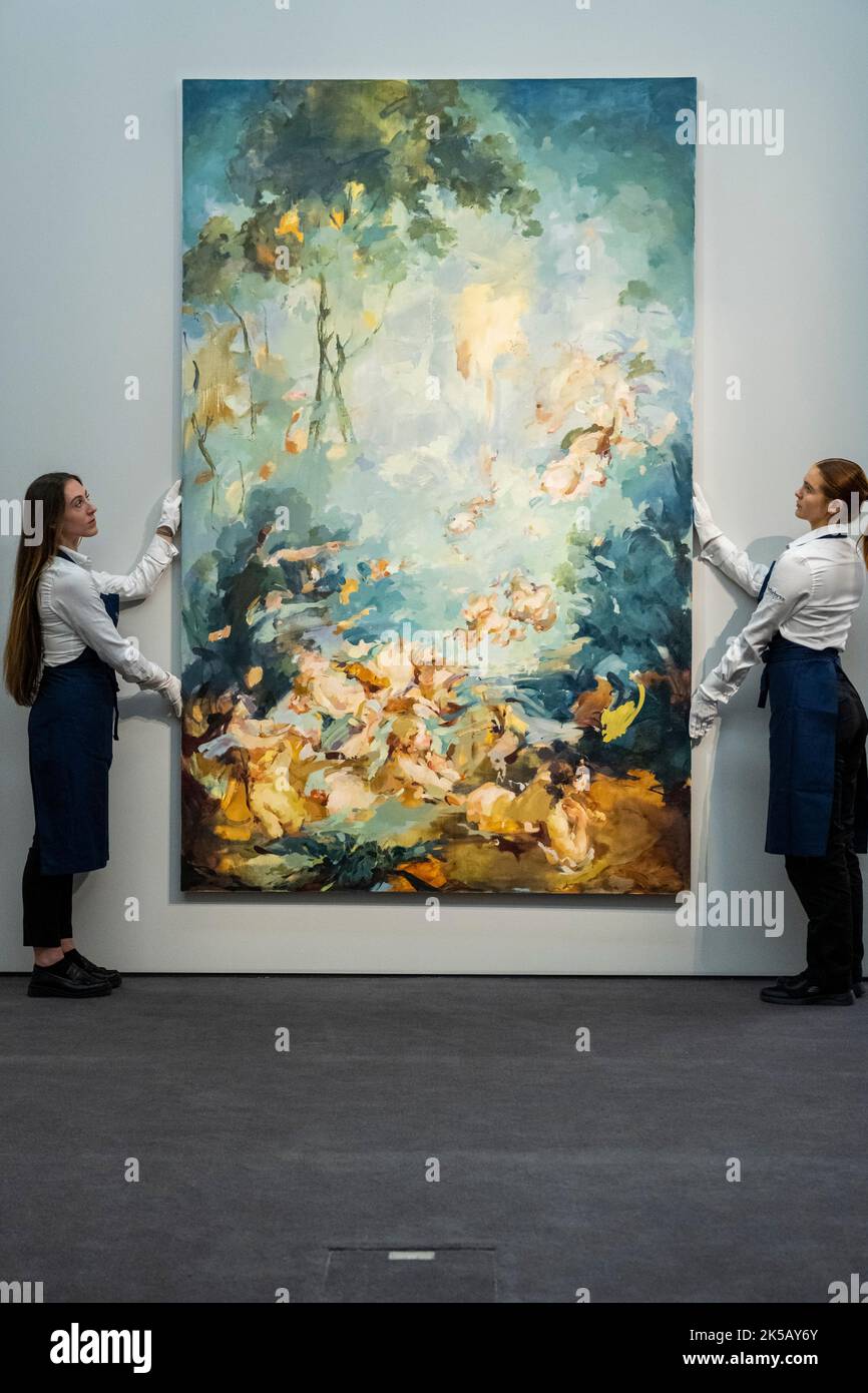 Londra, Regno Unito. 7 ottobre 2022. I tecnici presenti 'Nobody Putts Baby in the Corner' di Flora Yukhnovich (Est. £500-700k) in anteprima delle vendite di arte contemporanea di Sotheby in coincidenza con la fiera d'arte di Frieze. Le opere di artisti emergenti sono presentate da artisti dei secoli 20th e 21st presso le gallerie di Sotheby's New Bond Street. Credit: Stephen Chung / Alamy Live News Foto Stock