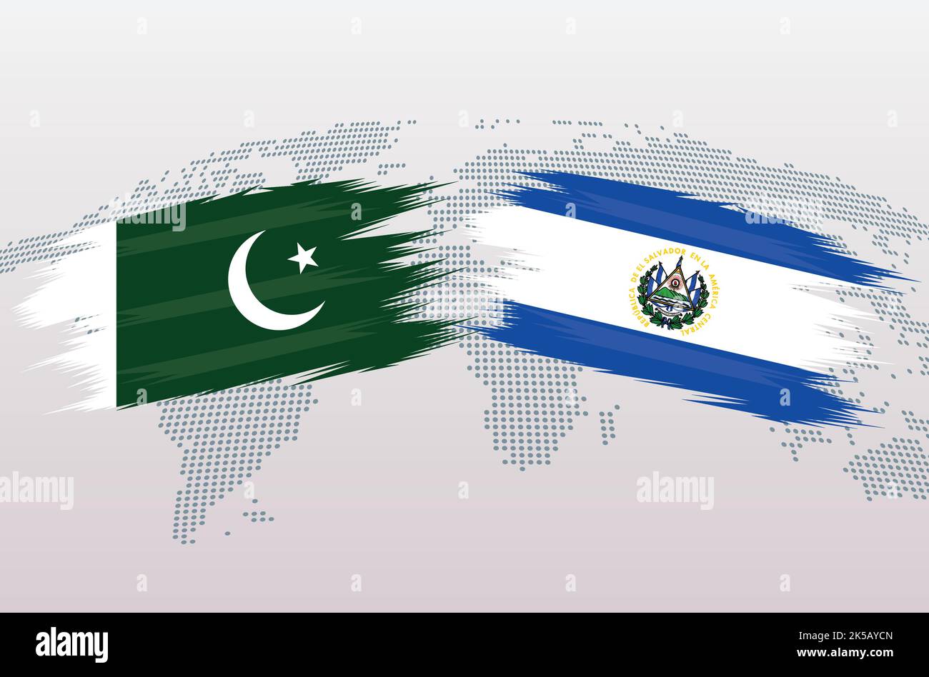 Bandiere del Pakistan contro El Salvador. Bandiera della Repubblica Islamica del Pakistan vs. Bandiera di El Salvador, isolata su sfondo grigio della mappa del mondo. Illustrazione vettoriale. Illustrazione Vettoriale