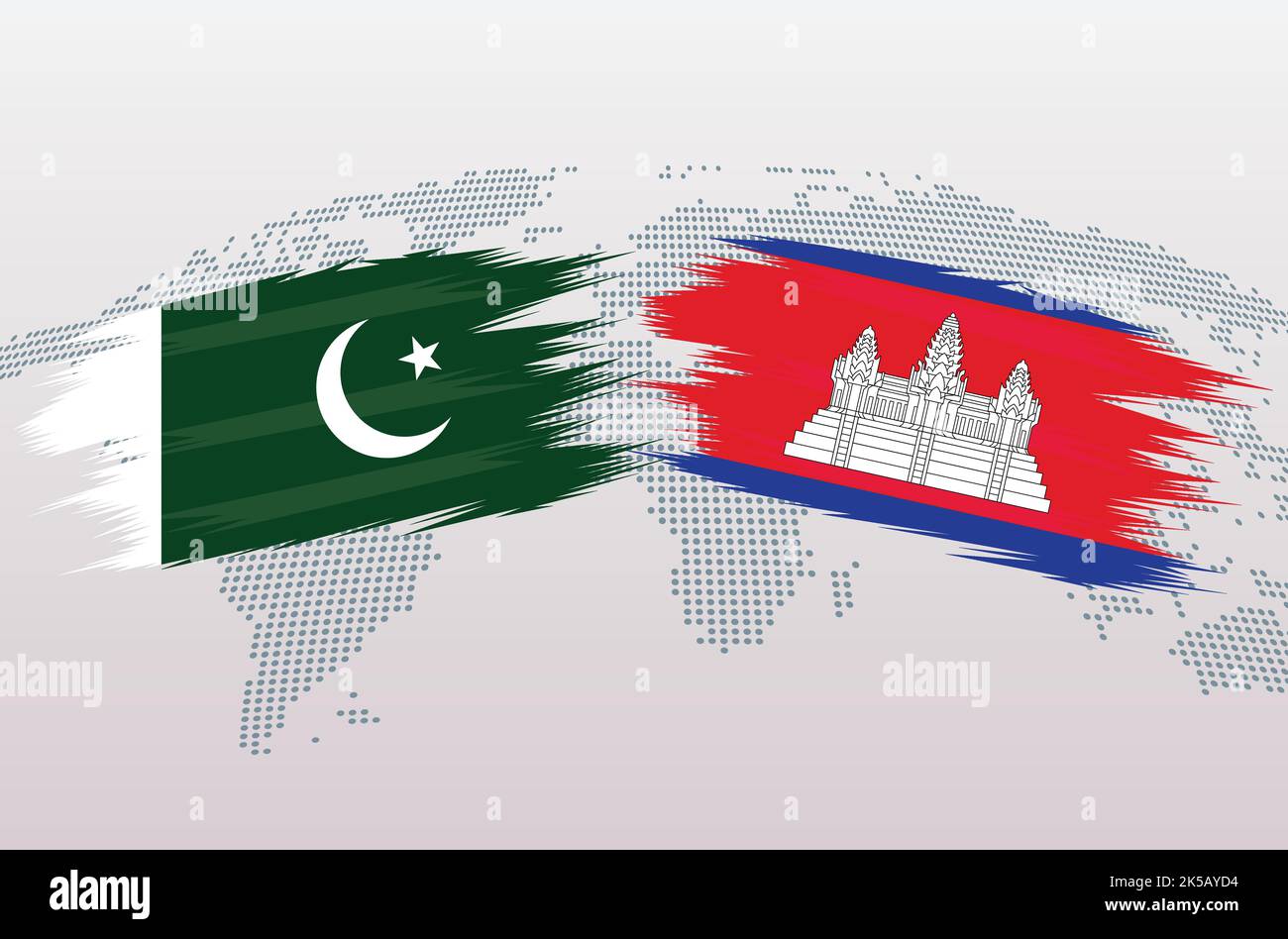 Bandiere Pakistan vs B. Bandiere della Repubblica islamica del Pakistan VS B, isolate su sfondo grigio della mappa del mondo. Illustrazione vettoriale. Illustrazione Vettoriale