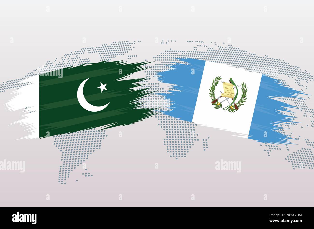 Bandiere Pakistan vs Guatemala. Bandiere della Repubblica islamica del Pakistan contro Guatemala, isolate su sfondo grigio della mappa del mondo. Illustrazione vettoriale. Illustrazione Vettoriale
