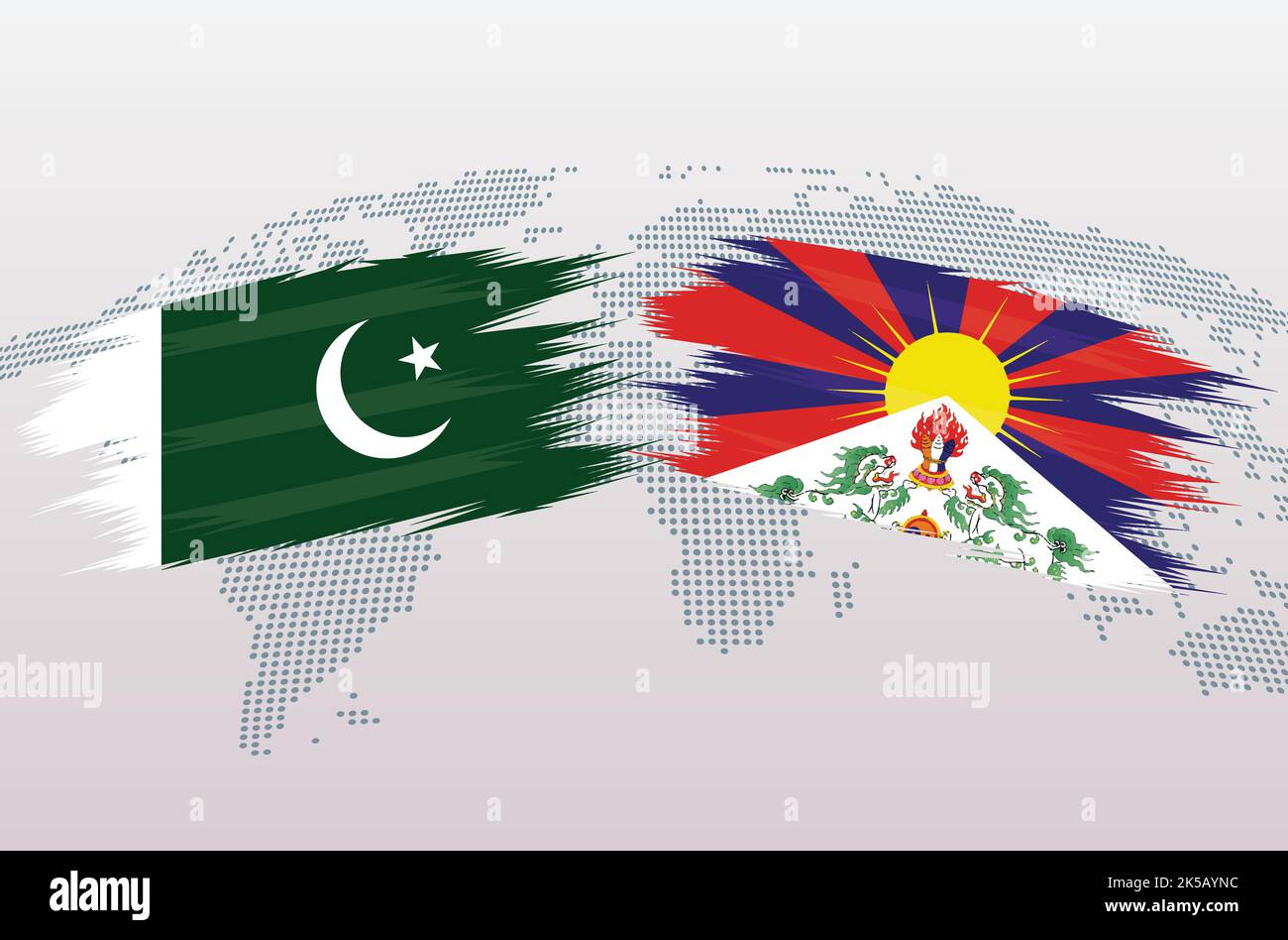 Bandiere Pakistan vs Tibet. Bandiere della Repubblica islamica del Pakistan contro Tibet, isolate su sfondo grigio della mappa del mondo. Illustrazione vettoriale. Illustrazione Vettoriale