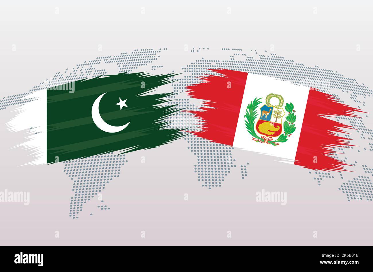 Bandiere Pakistan vs PERÙ. Bandiere della Repubblica islamica del Pakistan vs PERÙ, isolate su sfondo grigio della mappa del mondo. Illustrazione vettoriale. Illustrazione Vettoriale