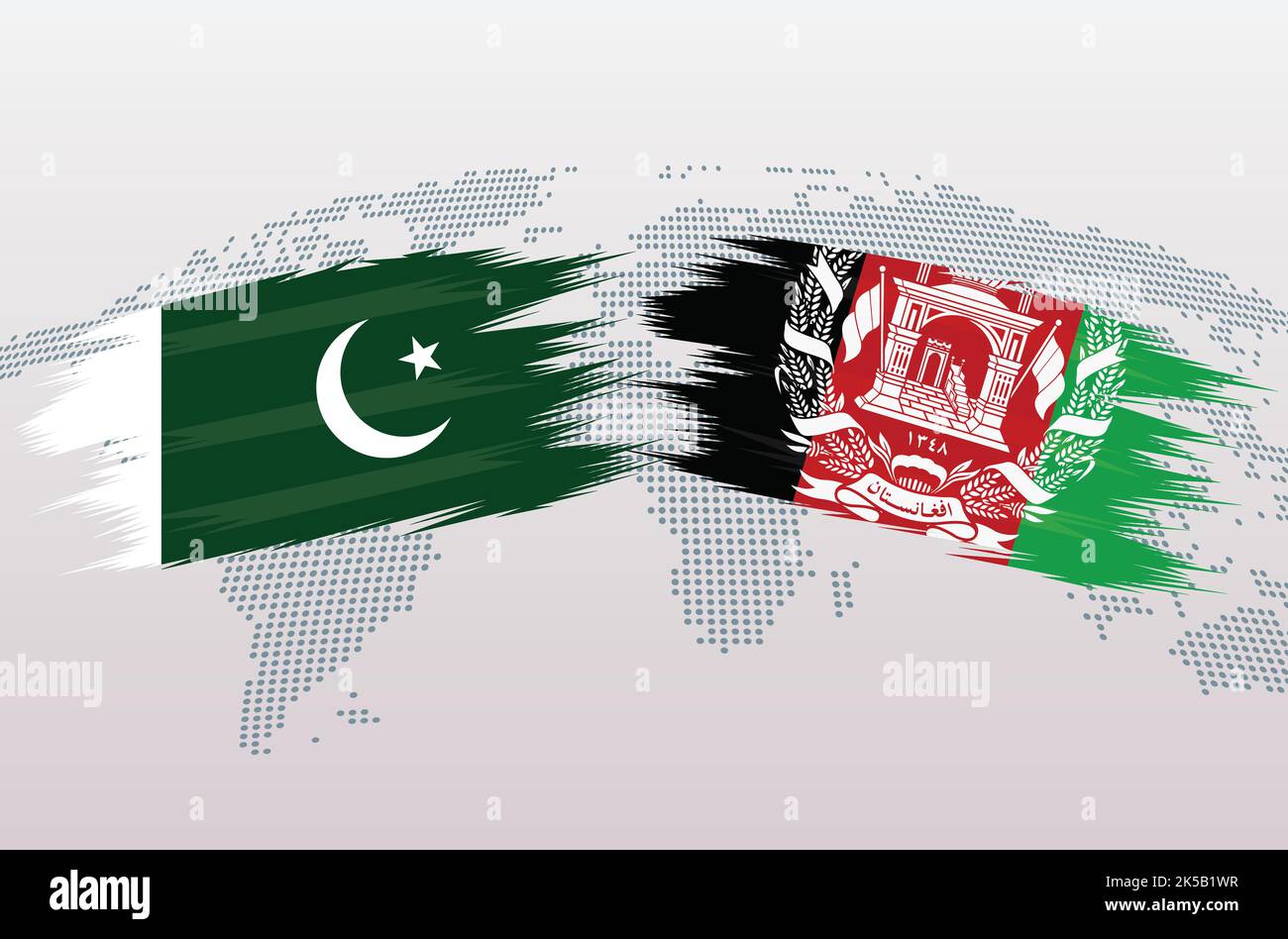 Bandiere Pakistan vs Afghanistan. Bandiera afghana della Repubblica islamica del Pakistan contro bandiera afghana, isolata su sfondo grigio della mappa del mondo. Illustrazione vettoriale. Illustrazione Vettoriale