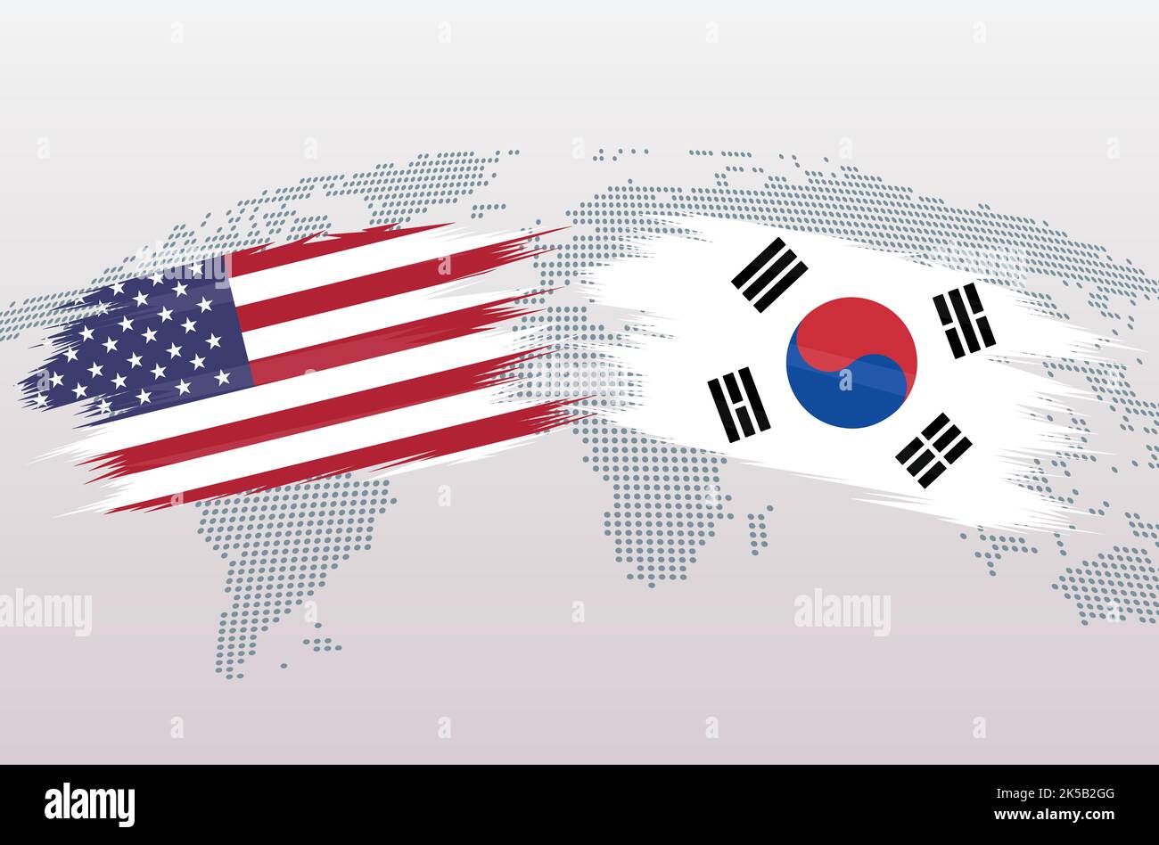 Bandiere USA vs Corea. Bandiere degli Stati Uniti d'America vs Corea, isolate su sfondo grigio della mappa mondiale. Illustrazione vettoriale. Illustrazione Vettoriale