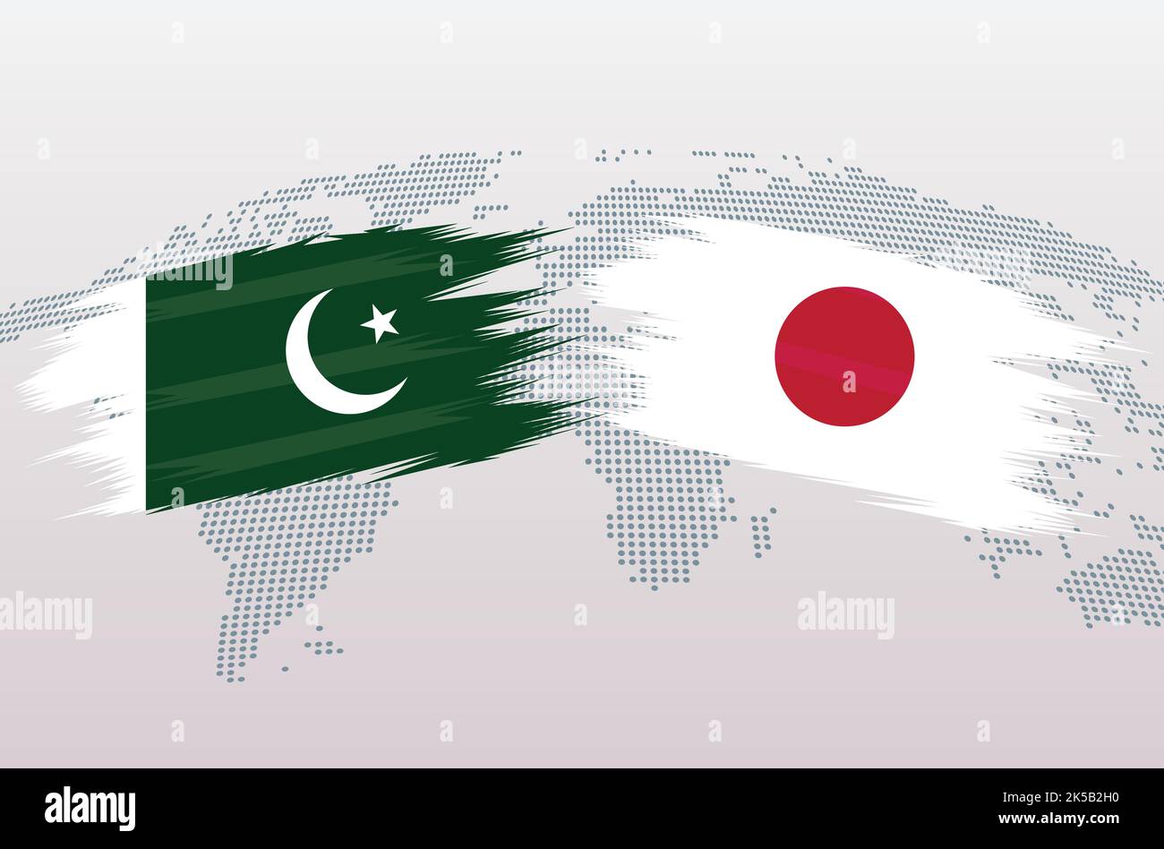 Bandiere Pakistan vs B. Bandiere della Repubblica islamica del Pakistan VS B, isolate su sfondo grigio della mappa del mondo. Illustrazione vettoriale. Illustrazione Vettoriale