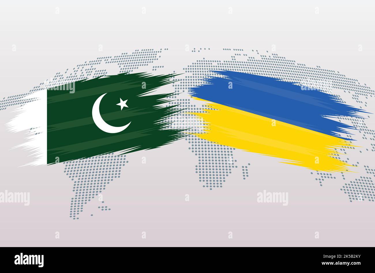 Bandiere Pakistan vs Ucraina. Bandiere della Repubblica islamica del Pakistan contro Ucraina, isolate su sfondo grigio della mappa del mondo. Illustrazione vettoriale. Illustrazione Vettoriale