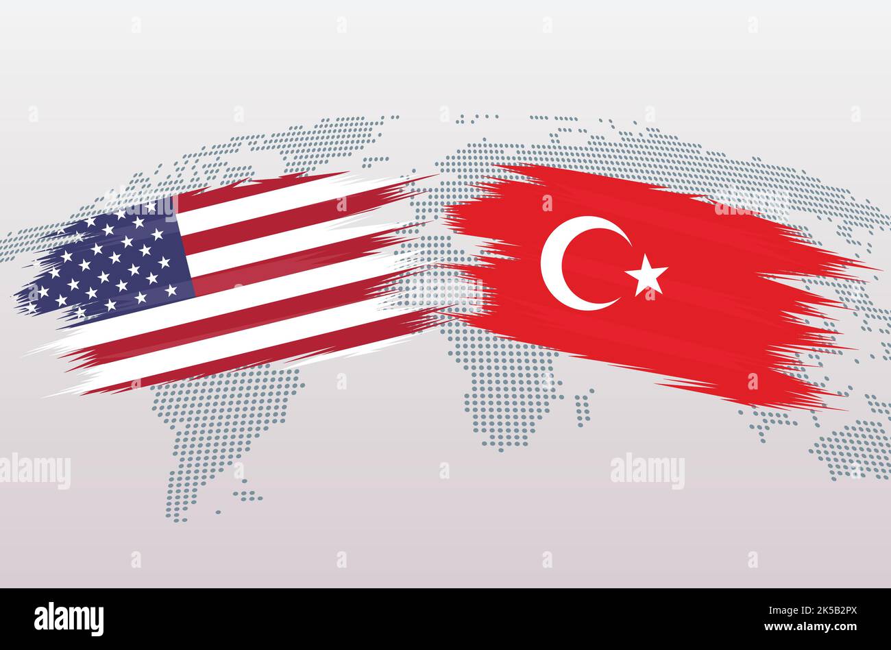 Bandiere USA vs Turkiye. Gli Stati Uniti d'America vs Turchia bandiere Turkiye, isolato su sfondo grigio della mappa del mondo. Illustrazione vettoriale. Illustrazione Vettoriale