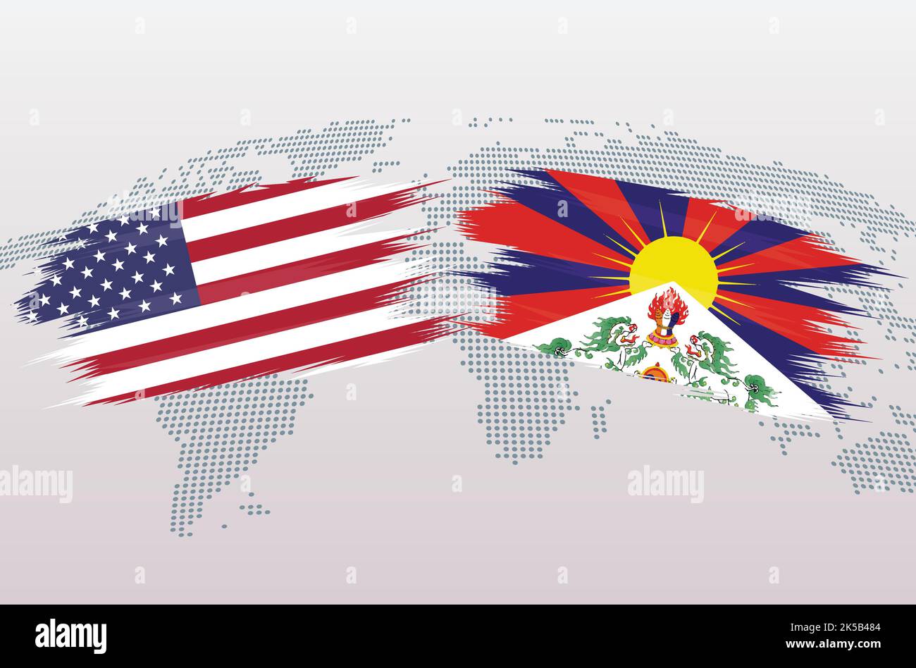 Bandiere USA vs Tibet. Bandiere degli Stati Uniti d'America VS Tibet, isolate su sfondo grigio della mappa del mondo. Illustrazione vettoriale. Illustrazione Vettoriale