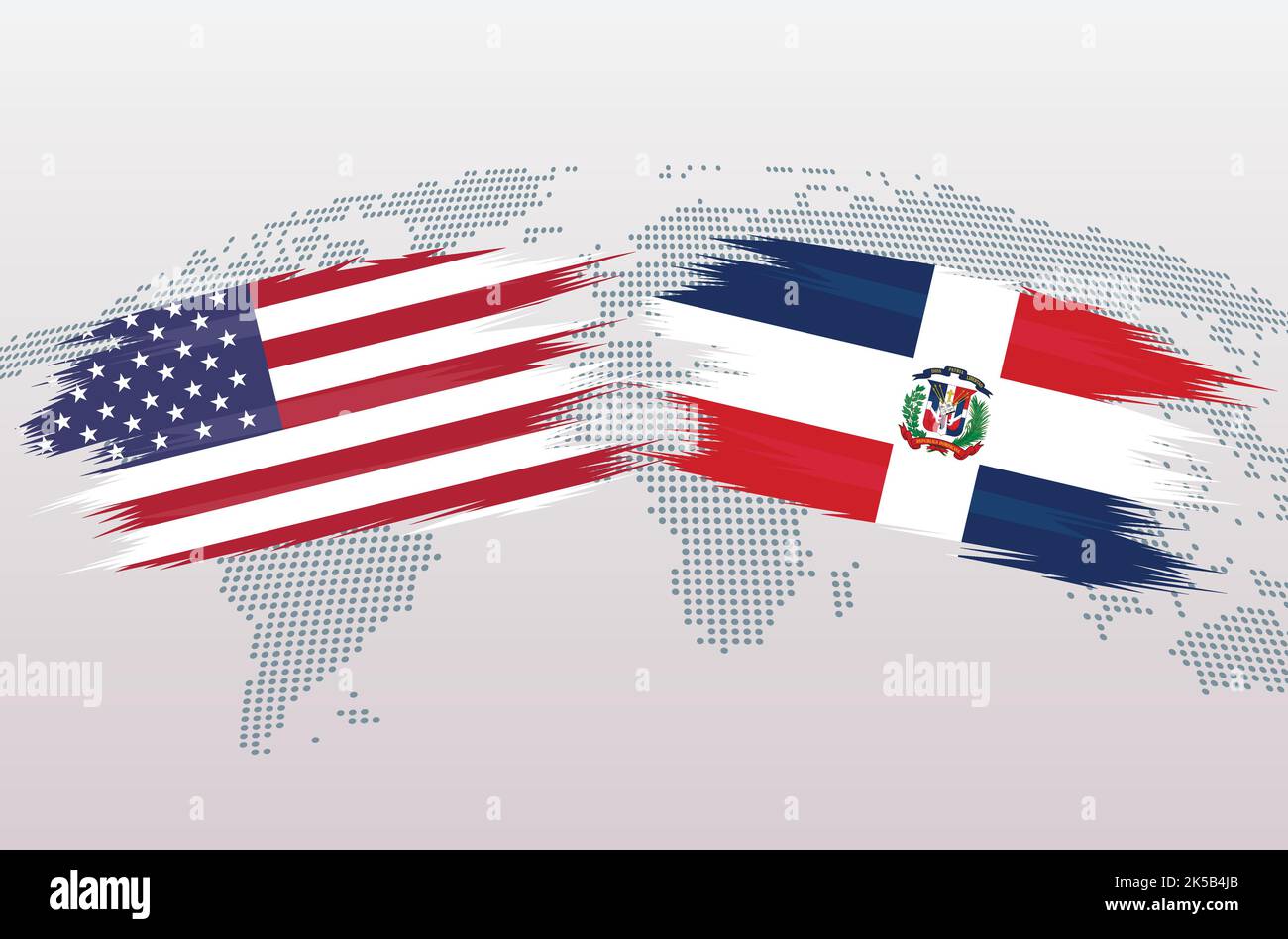 Bandiere USA vs Repubblica Dominicana. Bandiere degli Stati Uniti d'America vs Repubblica Dominicana, isolate su sfondo grigio della mappa del mondo. Illustrazione vettoriale. Illustrazione Vettoriale