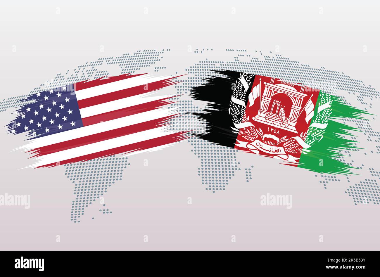Bandiere USA vs Afghanistan. Le bandiere degli Stati Uniti d'America VS afghani, isolate su sfondo grigio della mappa del mondo. Illustrazione vettoriale. Illustrazione Vettoriale
