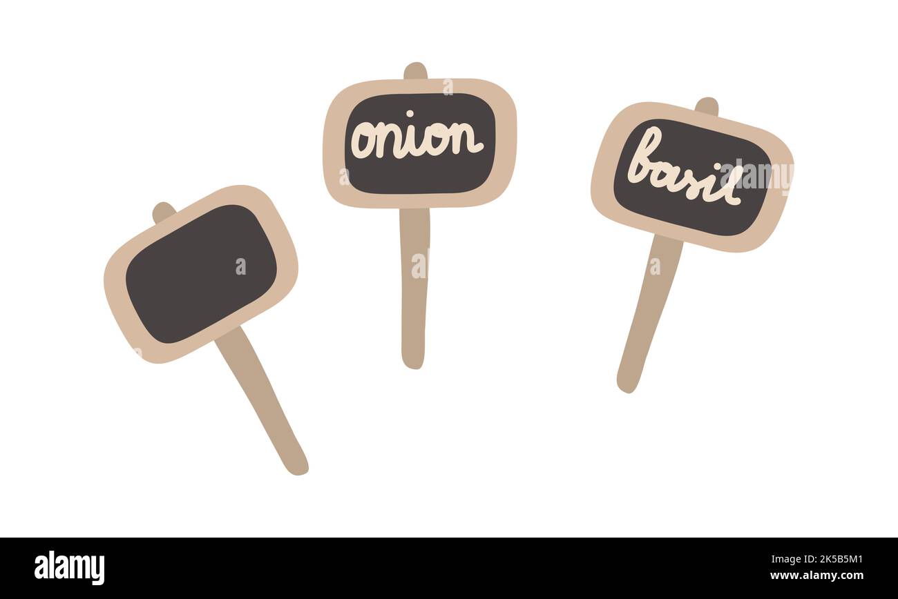 Cartelli in plastica. Cartello da giardino. Icona del giardinaggio del cartone animato vettoriale. Illustrazione piatta. Illustrazione Vettoriale