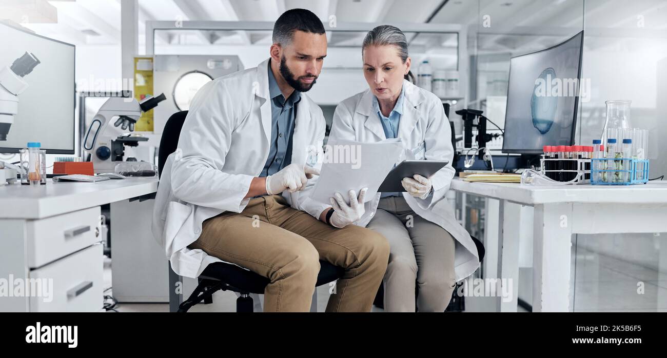 Documento di collaborazione tra scienziato per la discussione di laboratorio di ricerca medica nella scienza sanitaria rapporto sull'innovazione futura. Uomo e donna medico Foto Stock