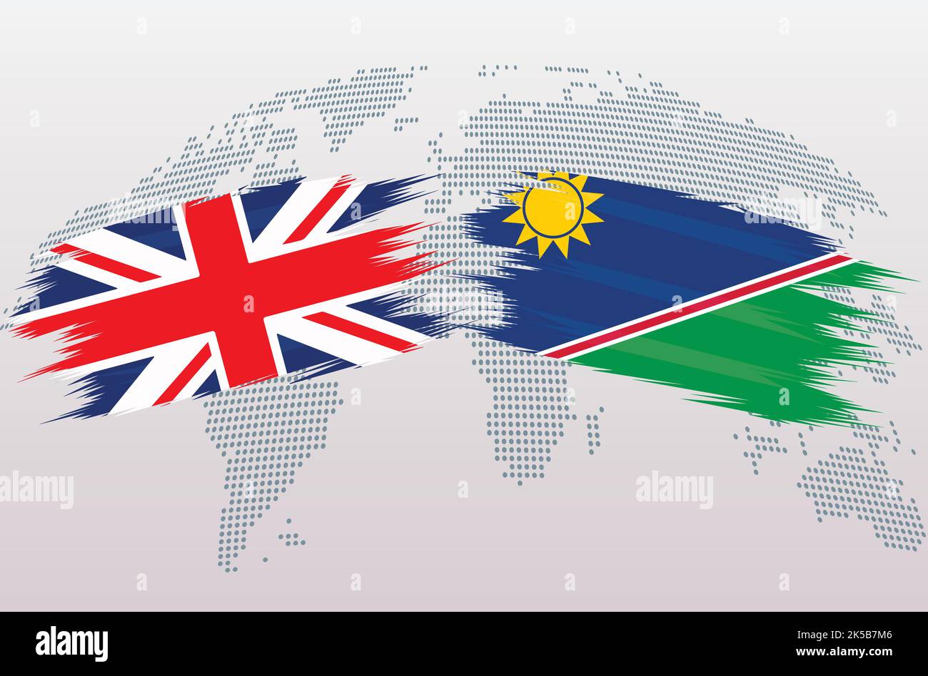 Bandiere britanniche e Namibia. Bandiere del Regno Unito e della Namibia, isolate su sfondo grigio della mappa del mondo. Illustrazione vettoriale. Illustrazione Vettoriale