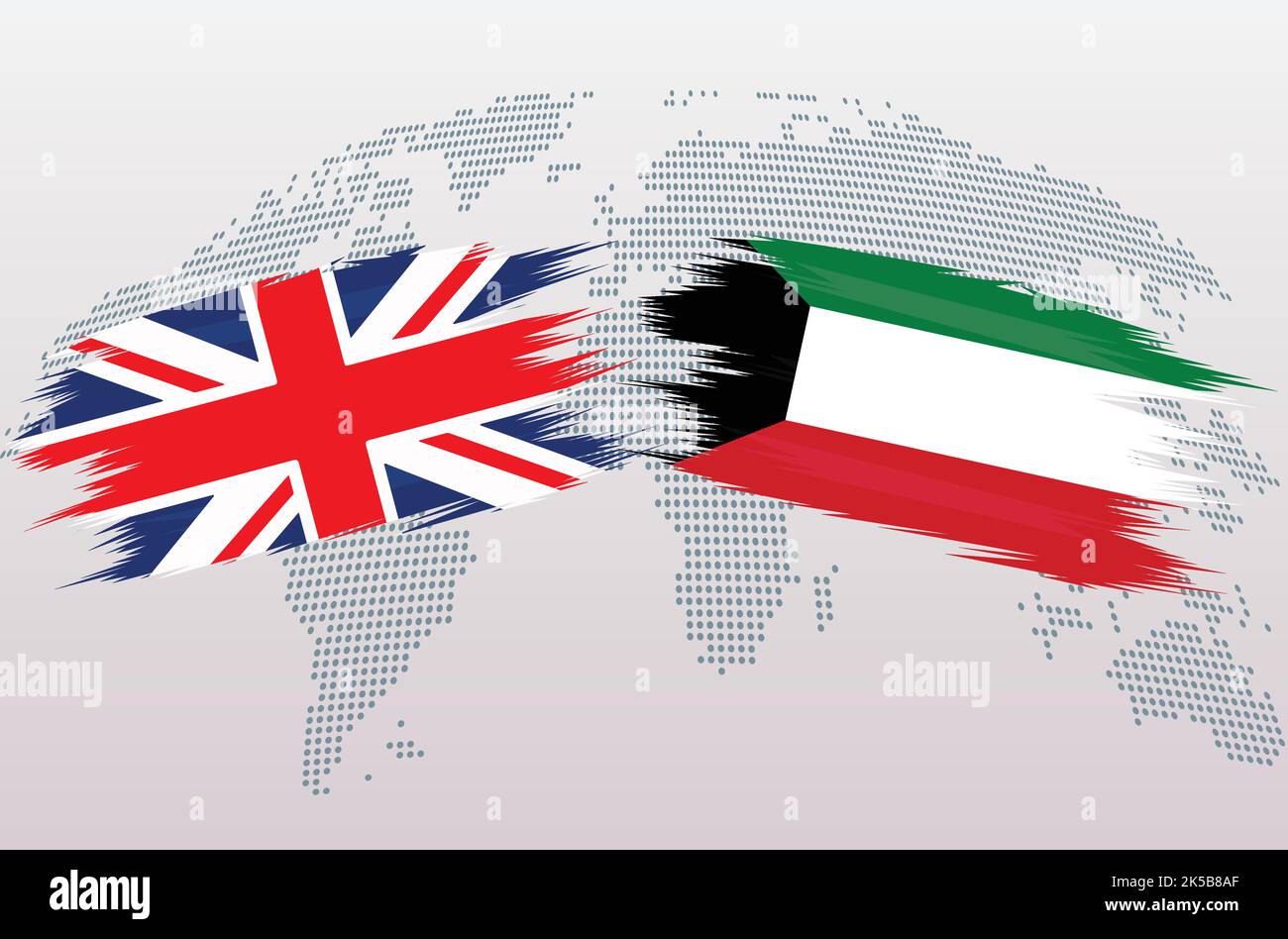 Bandiere britanniche e del Kuwait. Bandiere del Regno Unito e del Kuwait, isolate su sfondo grigio della mappa del mondo. Illustrazione vettoriale. Illustrazione Vettoriale