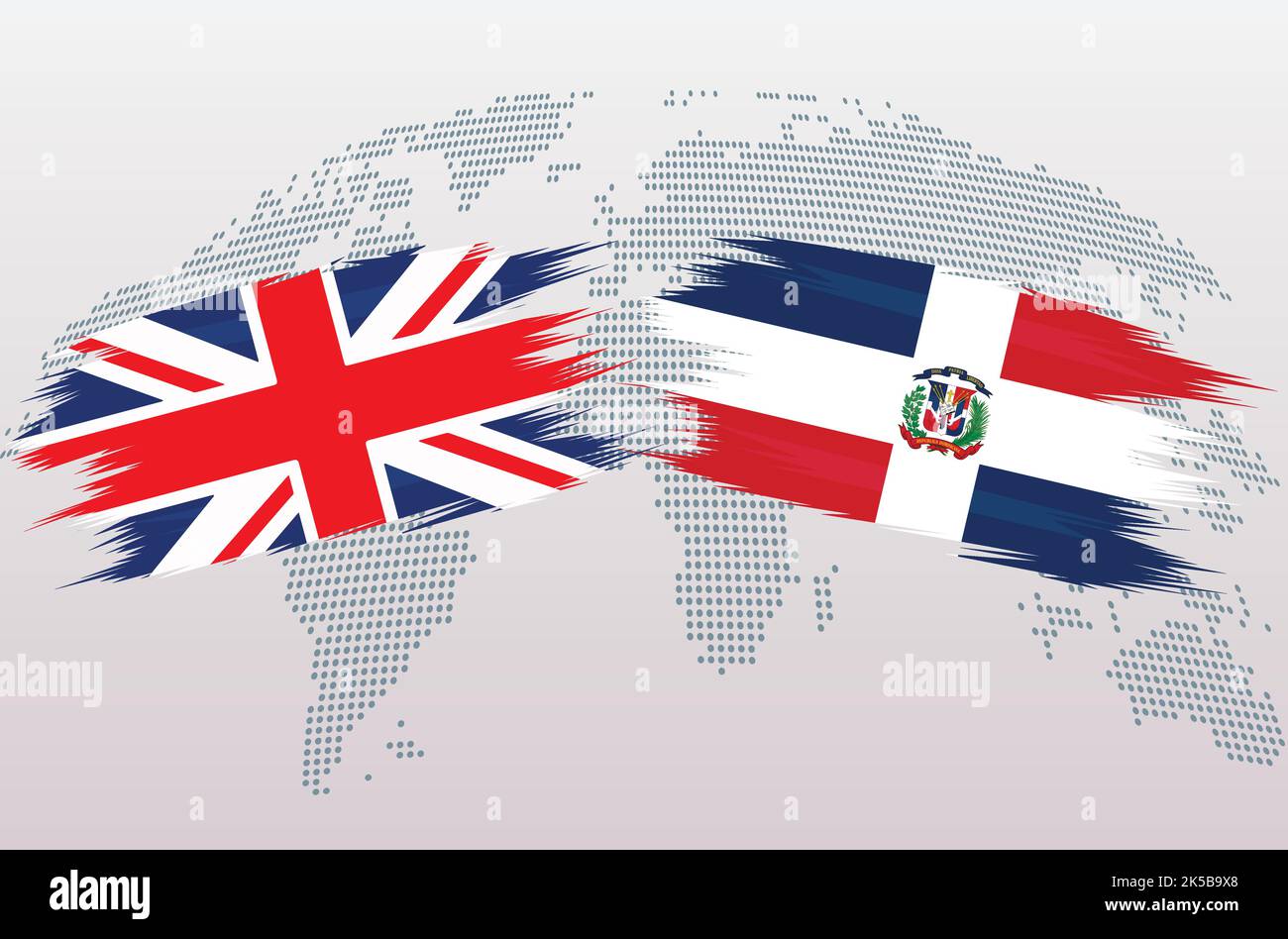 Bandiere britanniche e della Repubblica Dominicana. Bandiere del Regno Unito e dominicane, isolate su sfondo grigio della mappa del mondo. Illustrazione vettoriale. Illustrazione Vettoriale