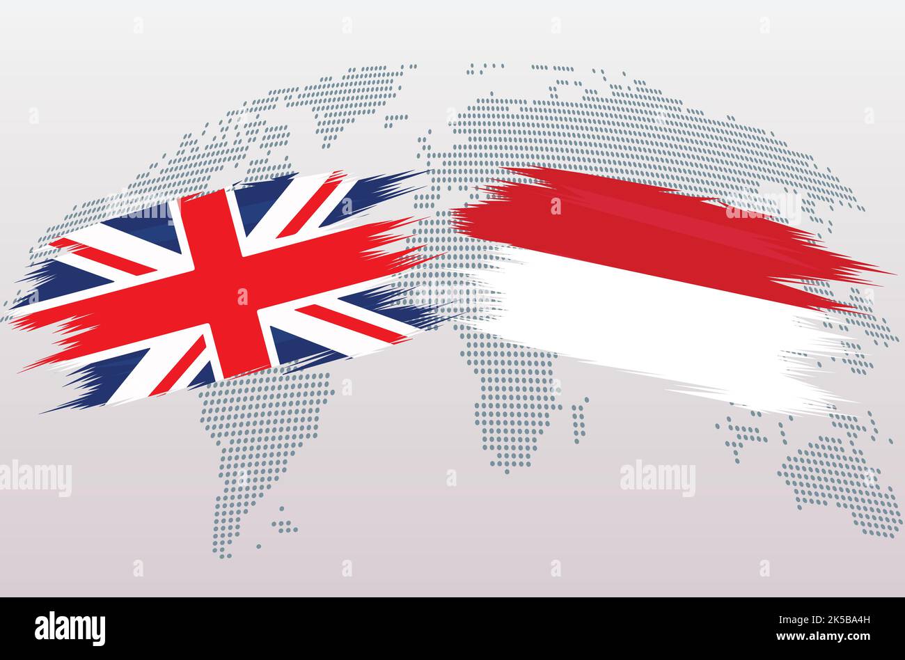 Bandiere britanniche e indonesiane. Bandiere del Regno Unito e indonesiane, isolate su sfondo grigio della mappa mondiale. Illustrazione vettoriale. Illustrazione Vettoriale