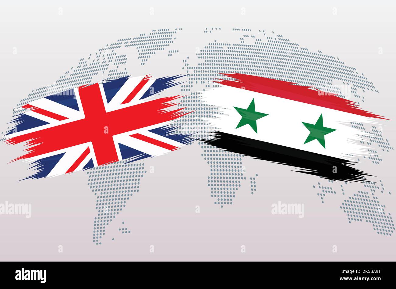Bandiere britanniche e siriane. Bandiere del Regno Unito e della Siria, isolate su sfondo grigio della mappa del mondo. Illustrazione vettoriale. Illustrazione Vettoriale