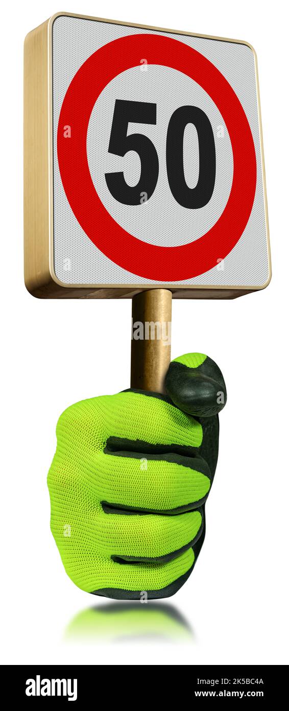 Mano con guanto di protezione da lavoro, con un moderno segnale stradale limite di velocità 50 kmh (chilometri all'ora). Isolato su sfondo bianco e riflessi. Foto Stock