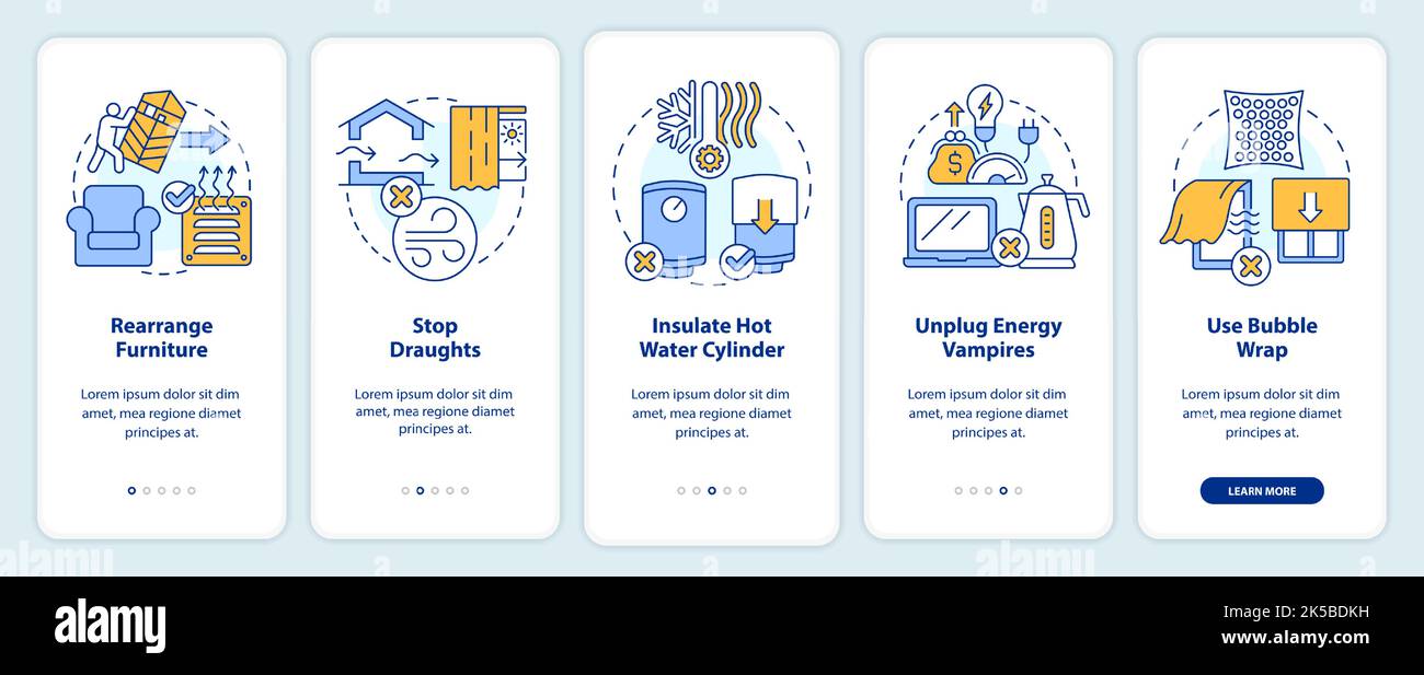 Riduzione dei costi di riscaldamento in inverno suggerimenti on boarding schermo app mobile Illustrazione Vettoriale
