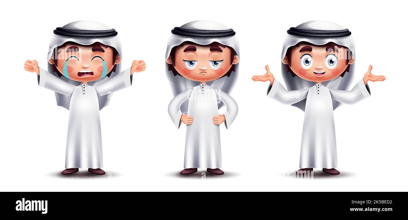 Disegno del set vettoriale dei personaggi arabi sauditi del ragazzo. Collezione Saudi Little cute kids che indossa abiti di toghua e ghutra su sfondo bianco. Illustrazione Vettoriale