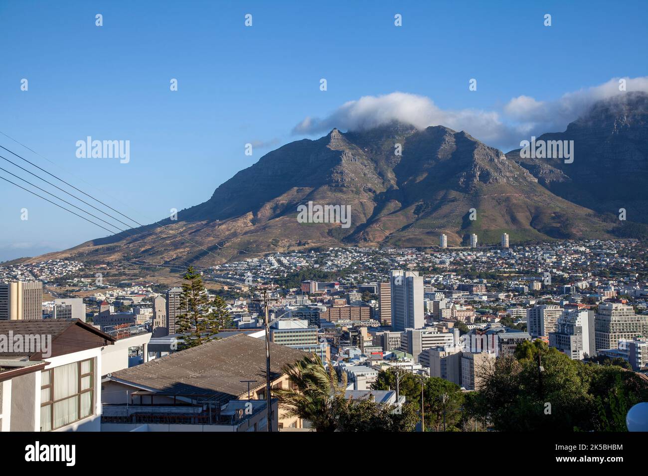 Vista sulla Città del Capo e le case ai piedi del Devils Peak e Table Mountain a Città del Capo, Sud Africa Foto Stock
