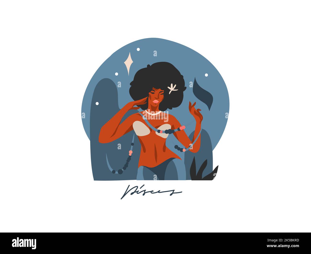 Disegno a mano vettoriale stock astratto piatto illustrazione grafica con segno zodiaco astrologico Pesci con bellezza magia sirena afroamericana, femmina Illustrazione Vettoriale