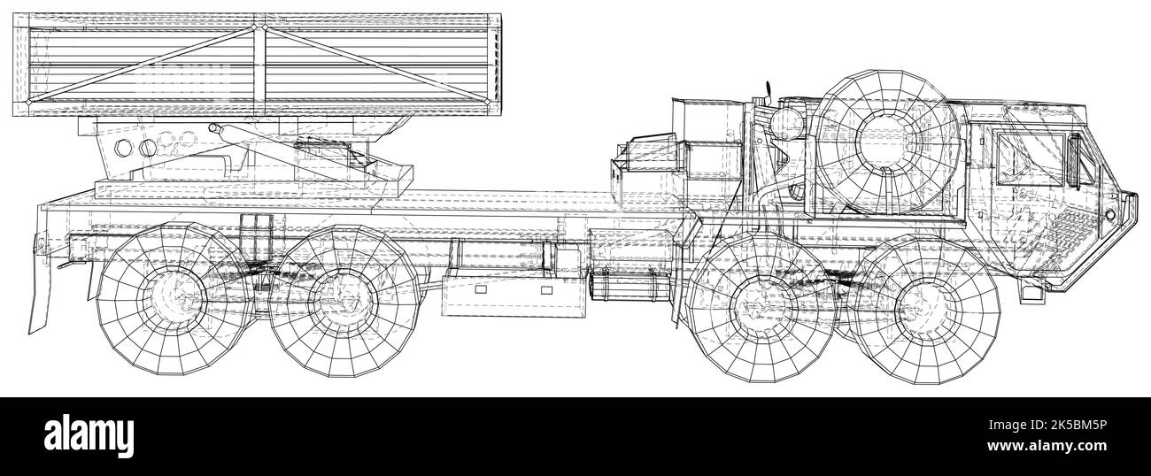 Illustrazione vettore del carrello per missili. I livelli delle linee visibili e invisibili sono separati. Formato EPS10:9. Vettore creato da 3D. Illustrazione Vettoriale