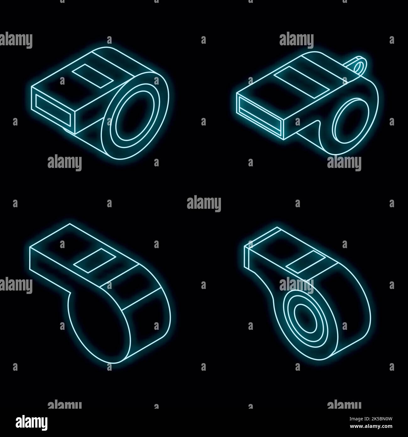 Icona fischio impostata. Set isometrico di icone vettoriali fischianti al neon nero Illustrazione Vettoriale