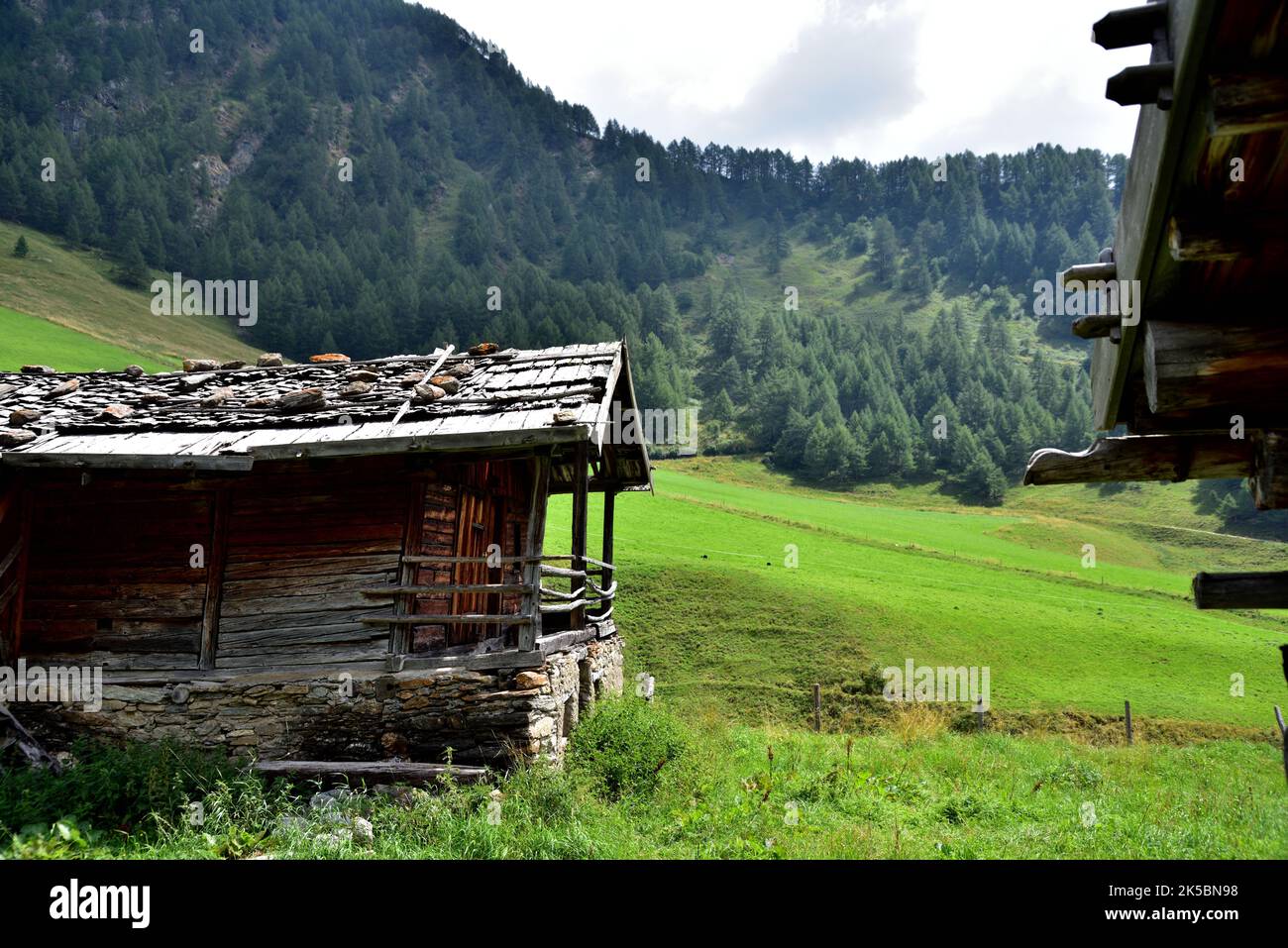 Antiche e caratteristiche capanne nel pascolo di montagna a Malga Fana, a 1730 metri sopra il paese di Valles Foto Stock