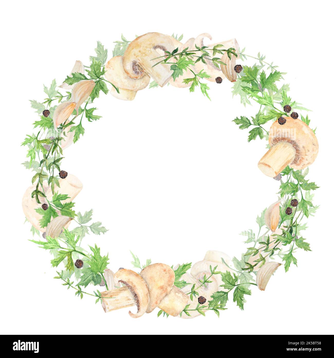 Acquerello illustrazione di champignons e foglie di prezzemolo verde, aglio, pepe. Cornice disegnata a mano in acquerello e isolata su sfondo bianco. Gr Foto Stock