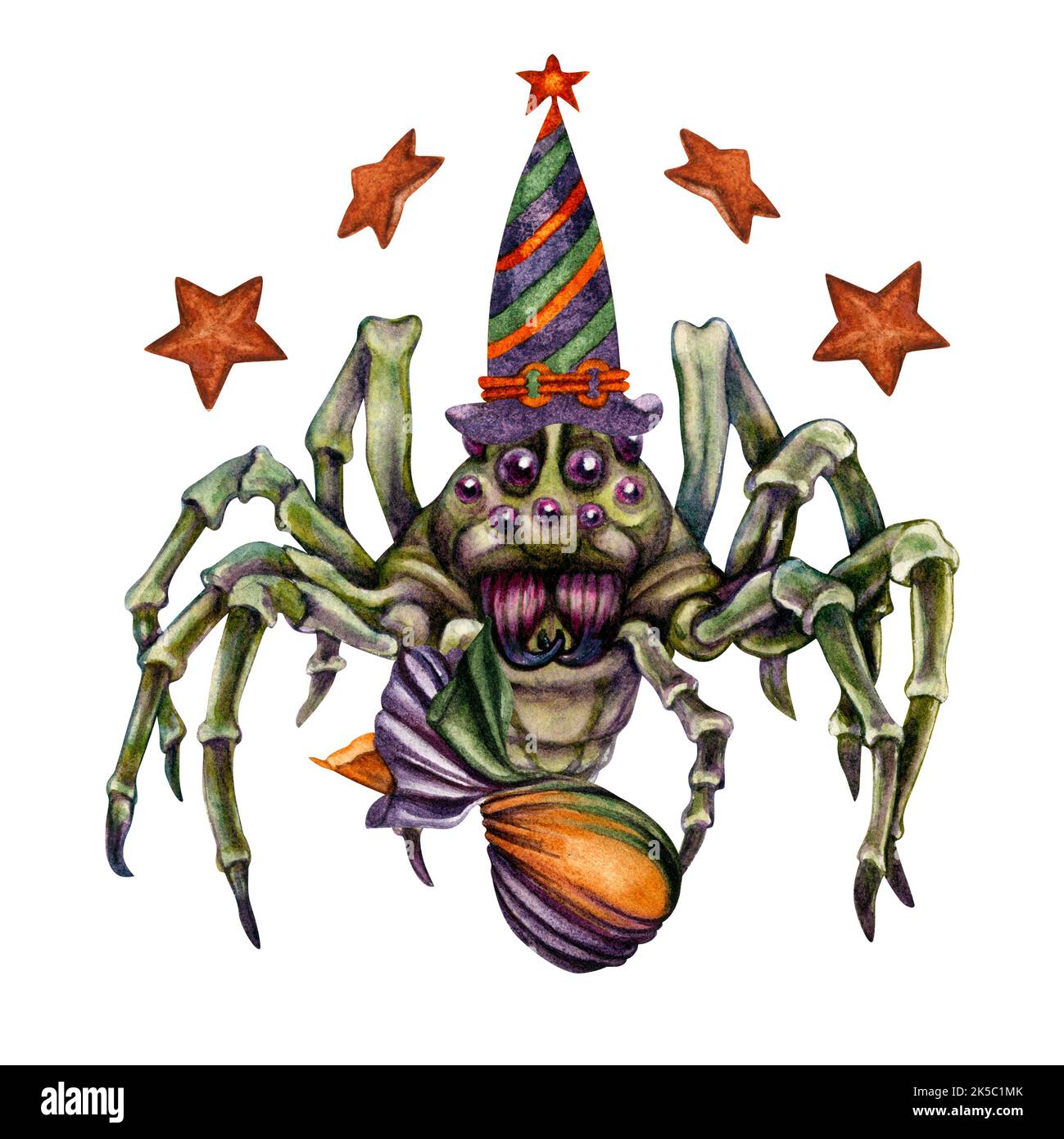 Ragni acquerelli disegnati a mano di Halloween per menu, adesivi, biglietti d'auguri, inviti, banner, bordi, mascherata, decorazioni per feste Foto Stock