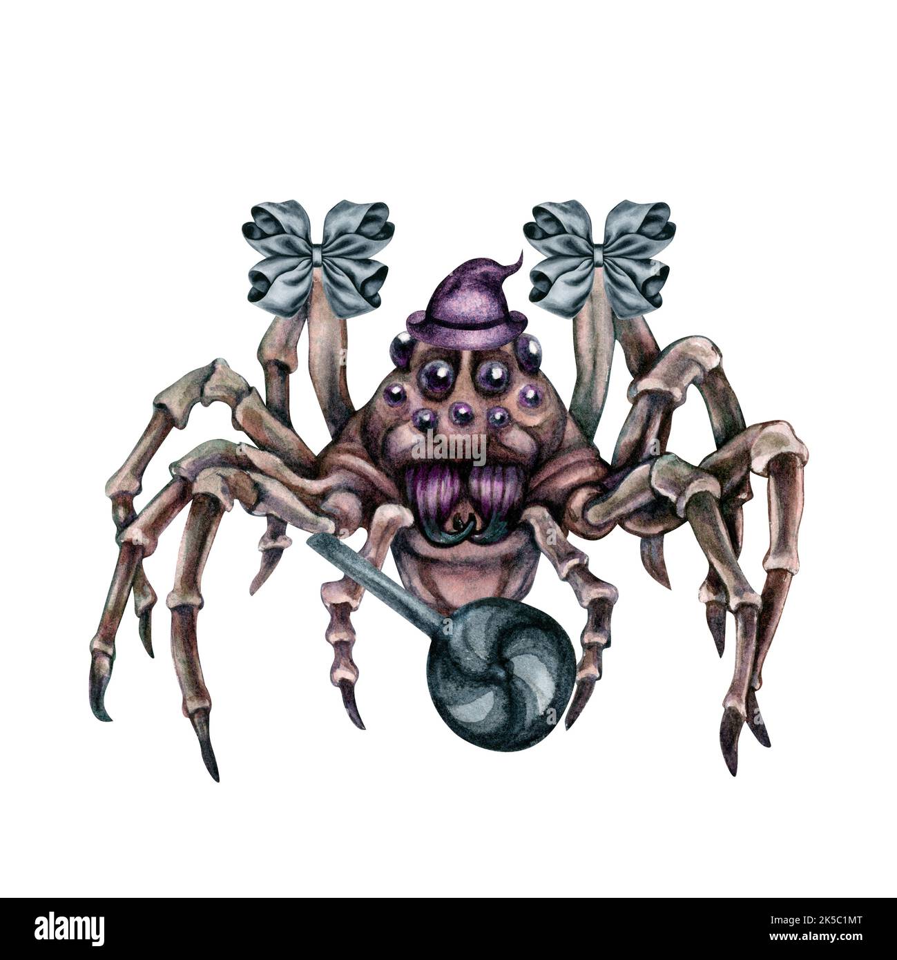 Ragni acquerelli disegnati a mano di Halloween per menu, adesivi, biglietti d'auguri, inviti, banner, bordi, mascherata, decorazioni per feste Foto Stock